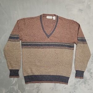 VTG Brian‎ MacNeil Sweater Mens L Brown V-Neck Wool Blend Striped Retro Grandpa